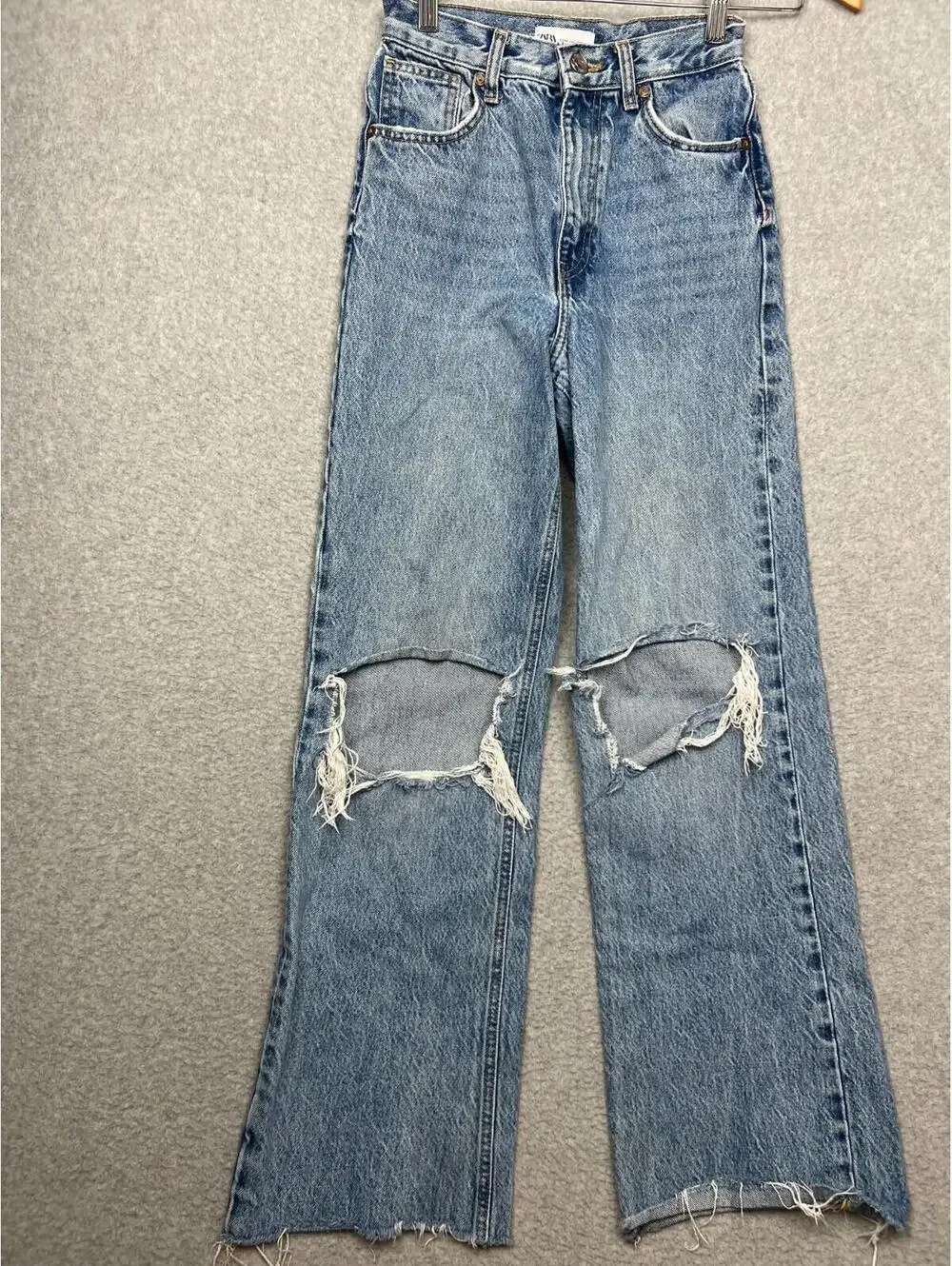 Zara Womens Wide High Rise Jeans 2 /34 Eur Distress Denim Medium Wash Fray